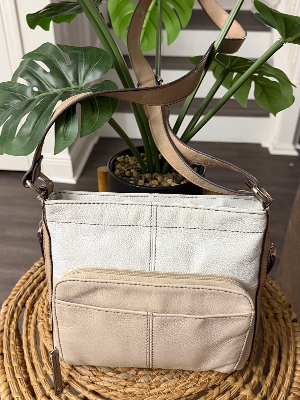 Tignanello Two-Tone Leather Organizer Crossbody Bag Ivory Beige
